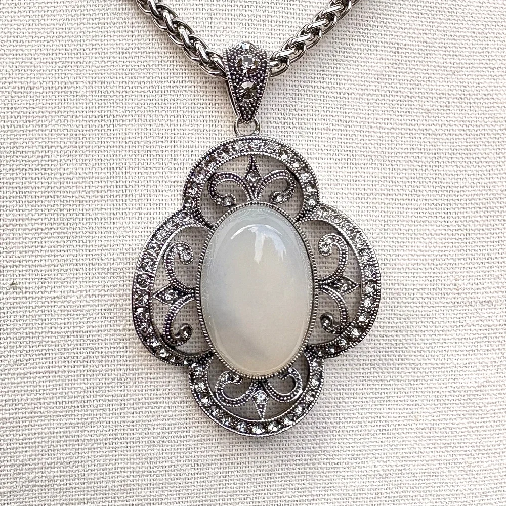 Marcasite Style Faux Moonstone Pendant‎ Necklace Silver Tone Chain 32
